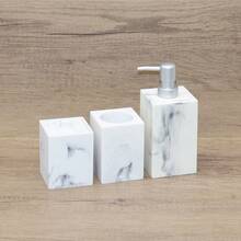 Nordic Style Artificial Stone Bathroom Accessories Set - Soap Dispenser, Shampoo Bottle, Cleaning Swab Holder, Tray, Wooden Comb Holder, Toothpick Box, Storage Jars. Waterproof, Moisture-Proof Design, Luxury Bathroom Essentials. Artificial Stone Soap Dispenser, Cleaning Swab Holder, Tray Combination Set, Bathroom Countertop Organizer, Easy To Clean