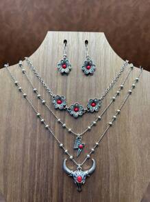 1 Set Fashion Retro Bohemian Style Zinc Alloy Flower/Lightning/Cow Head 3-Layer Pendant Necklace That Can Be Matched Freely, Flower Earrings Pendant, Suitable For Women/Girls To Match Daily Clothes, Party Accessories, Jewelry Gift For Family/Friends/Yourself
