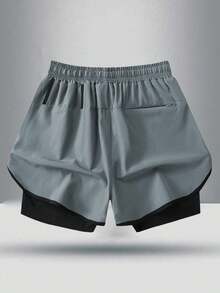 男士抽绳腰休闲运动短裤，时尚二合一设计，适合春夏季徒步旅行、骑自行车、篮球、跑步和室内冬季运动 - 灰色 - 查看 2