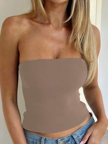 Women's Summer Sexy Strapless Basis Vest Double Layered Thickened Opaque Fashion Solid Elastic Slim Fit Tube Top For Women Four Seasons Wear - 卡其色 - 查看 9