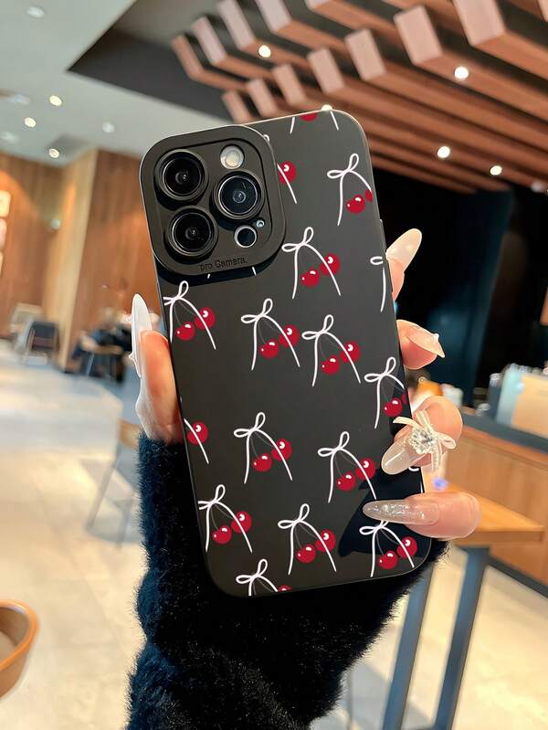 Weißer Schleifen-Knoten & Kirsche aufblasbarer Anti-Tropf Handyhülle, kompatibel mit iPhone Xs/Xs Max/Xr/11 12 13 14 15 16 Pro/Pro Max/14 15 16 Plus und Serie