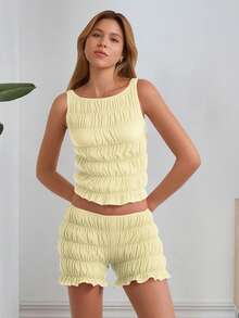 Women's 2 Piece Lounge Outfits Sleeveless Solid Color Ruched Tank Tops Shorts Sets - Yellow - View 2