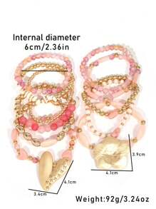11pcs Pink Glass Crystal & Golden Pearl Beaded Bracelet With Flower, Heart Pendant, Romantic & Sweet Bohemian Style, Suitable As Gift For Women