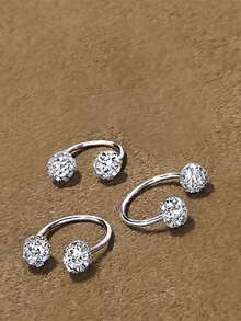 Nooxian 3件套女士不锈钢C形水晶球耳夹耳环 - 銀色 - 查看 3