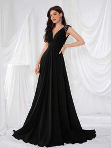 UNITHORSE V-Neck Ruffle Sleeve Pleated Leaf Net Mesh Splice Party Evening Dress (Random Cut), Bride Dress, Birthday Women Outfits, Graduation Dress, Formal Dress, Bridesmaid Dress - Black - View 4