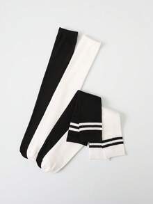 2 Pairs Girls Simple School Style Versatile Over-The-Knee Long Socks - Black and White - View 5