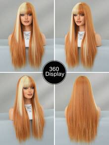 7JHH WIGS 26 Inch Long Straight Orange Wig, Women's Style, Fluffy & Shiny, With Bangs, Highlighted With Gold, Full Lace Synthetic Fiber Wig, Suitable For Daily Wear, Music Festivals, Parties, Anime Or Cosplay Photography, And More - 橘色 - 查看 6