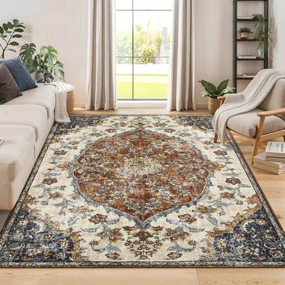 Vintage Printed Carpet Soft Non-Slip Carpet Low Pile Foldable Indoor Rug Distressed Floral Carpet For Bedroom Corridor Office Living Room Home Decoration