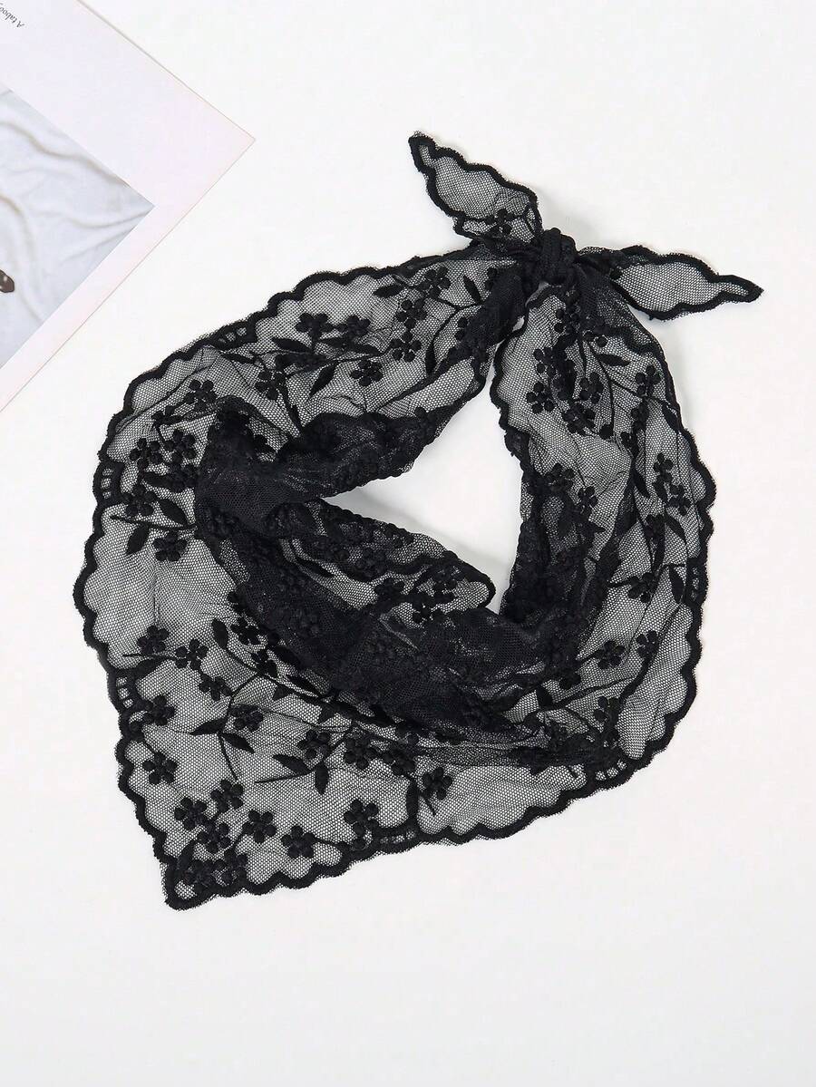 1pc Lace Floral Trim Scarf, Triangle Head Scarf, Bag Accessory, Hair Tie For Dress - Multicolor - View 1