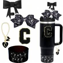 5 piezas de accesorios para taza de 30oz y 40oz, que incluyen tapa con protector de pajita de 10mm, decoración de lazos para pajita, pegatina con letras y cadena con dije, y funda protectora de silicona para la taza
