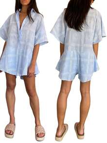 Women's Summer Short Boho Jumpsuit Half Sleeve Lapel Button Up Pattern Print Playsuit - Baby Blue - View 5