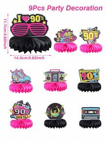 9 Piezas Centros de mesa de panal con tema retro de rock de los 90, decoración de mesa nostálgica de papel con temática hip hop de 1990, decoración de tapa de mesa y accesorios para fotos para fiestas, decoración del hogar, fiesta de cumpleaños vintage, decoración de centro de mesa