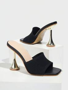 Sandalias de tacón alto de mujer con tacón delgado, tacón electrochapado, diseño slip-on, casuales, versátiles, transpirables, elegantes y cómodas, sandalias de tacón alto negras para mujer para el verano - Negro - Ver 5