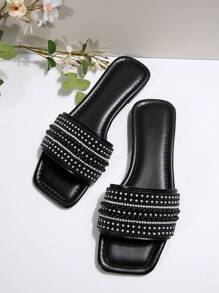 New Luxury Plus Size Square Toe Rhinestone Pearl Slip-On Casual Sandals, Suitable For Beach Vacation