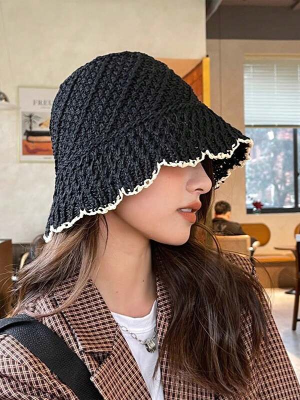 1 Peça Novo Chapéu Balde de Moda com Combinação de Cores em Renda para Mulheres, Adequado para Viagens ao Ar Livre, Chapéu Simples e Casual de Tricô com Proteção Solar, Bordado Casual de Poliéster Simples com Proteção UV