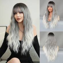 7JHH WIGS Ombre Grey Wigs For Women Loose Wavy Wig With Bangs Dark Roots Grey To White Natural Looking Long Curly Synthetic Wig For Women Daily Party Rave 26 Inch (Trimable Bangs Length) - Grey - View 12