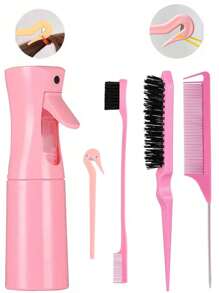Juego de 8 piezas de herramientas para peinado de color rosa - Botella rociadora, peine de cola, cepillo cardador, herramientas de bucle y horquillas para trenzar y peinados DIY