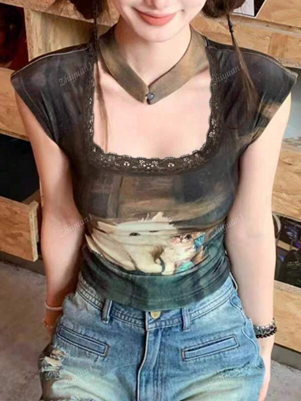 Cat Print, Lace Patchwork, Square Neck Short Sleeve Women Top
