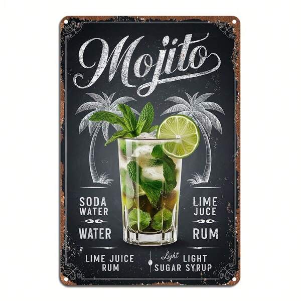 Room Decor 1pc Vintage Mojito Cocktail Recipe Tin Sign - 2D Aluminum Wall Art Plaque For Home, Office, Bar, Kitchen, Restaurant Decor - Easy To Hang, Long-Lasting, Ideal For Gifting