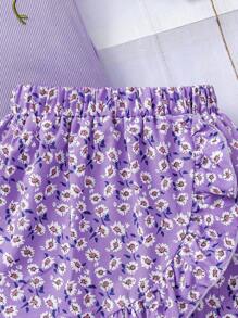 Conjunto de vacaciones para niña: Camiseta azul con estampado floral menudo con decoración floral en 3D + Falda con volantes y estampado floral menudo, estilo dulce para niñas, apropiado para actividades al aire libre y sesiones de fotos, talla 4-7 años, primavera/verano