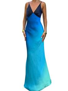 Women's Summer Slip Dress Gradient Color Sleeveless Spaghetti Strap V-Neck Backless Slim Long Dress - Blue - View 6