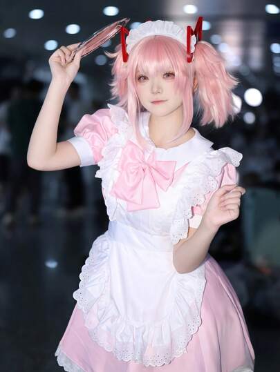 1pc Cute & Charming Maid Lolita Dress With Soft Big Bow Detachable Collar, Cosplay Costume For Anime Convention, Party, Stage Performance Halloween