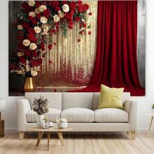 1 Elegant Red Rose & Golden Shimmer Background Banner - Versatile Decoration Suitable For Wedding, Birthday, Anniversary, Christmas, Valentine's Day, Father's Day & Mother's Day - Fit For Room, Garden, Yard - No Power Needed