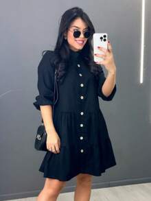 Midi Dress Chamise Shirt Button Beachwear Flared Plain Linen Fashion Blogger Long Sleeve 08 - Black - View 2