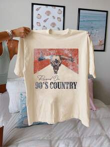 Letter & Graphic Round Neck Short Sleeve Tee - Light Apricot - View 1