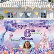 1 Stück personalisiertes Portrait, Name, Alters-Geburtstags-Party Banner, Polyester, Meerjungfrau Thema Unterwasser Schloss & Korallenriff Fotohintergrund, personalisiertes Alles Gute zum Geburtstag Banner, geeignet für Kuchentisch, Zuhause, Außenbereich, 3 Größenoptionen, grafischer Muster