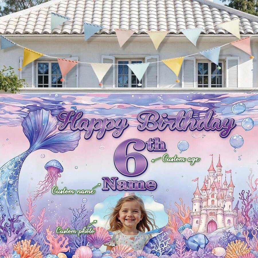 1 Stück personalisiertes Portrait, Name, Alters-Geburtstags-Party Banner, Polyester, Meerjungfrau Thema Unterwasser Schloss & Korallenriff Fotohintergrund, personalisiertes Alles Gute zum Geburtstag Banner, geeignet für Kuchentisch, Zuhause, Außenbereich, 3 Größenoptionen, grafischer Muster