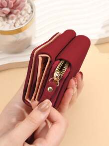 Women Short Wallet With Heart Embroidery, Large Capacity & Multi-Card Slots For Credit Cards, ID, Cash, Casual Three-Fold Snap Closure Coin Purse, Suitable For Daily Use, Mother's Day, Birthday, Anniversary Gift