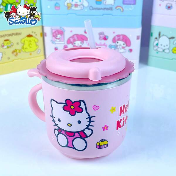 Sanrio Vaso con pajita de doble pared aislado de 270ml, tapa giratoria con pajita antiderrame, adecuado para beber en casa y al aire libre, con aislamiento térmico tanto para calor como frío