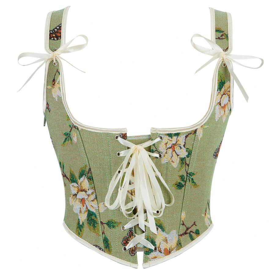 Alivila.Y Fashion Womens Vintage Floral Print Underbust Corset Tops Vintage Boned Corset Belt Corset Vest - 綠色 - 查看 1