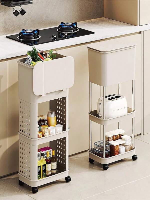 Kitchen Trash Can With Storage Rack, Large-Capacity Double-Deck Sorting Trash Can With Detachable Inner Barrel In Kitchen Storage Rack, Vertical Trash Can With Drawer And Tissue Holder, Waste Container With Wheels, Kitchen Storage Rack Floor-Mounted Kitchen Bedroom Bathroom Storage Rack With Wheel Storage Rack.