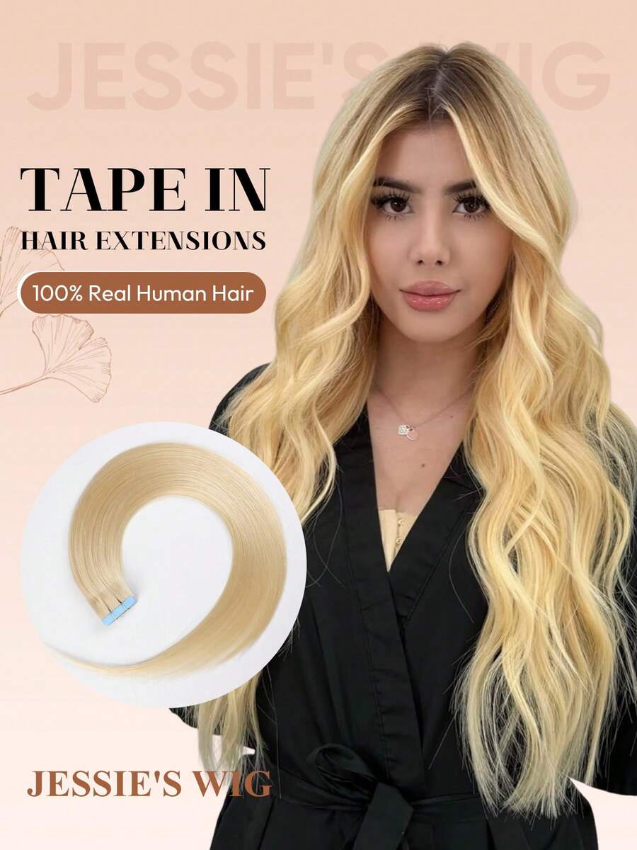 jessie's wig Extensiones de cabello humano tipo cinta de la marca Jessie, 20 piezas/paquete, 50g, cabello liso sedoso, extensiones de cabello rubio platino 613# - S613 - Ver 1