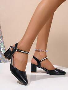 女士仿珍珠装饰纯色高跟鞋，优雅粗跟闭趾礼服鞋，闭趾凉鞋，尖头踝带镂空高跟鞋，适合搭配连衣裙、旗袍、舞蹈服，黑色，春夏款，优雅大方 - 黑色 - 查看 5