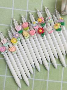 1/5pcs Cute Floral Press Type Ballpoint Pens, High Quality Translucent Girls Ballpoint Pens, Cartoon Press Pens, Stationery, School & Office Supplies, Student Gifts (Random Colors), Back To School