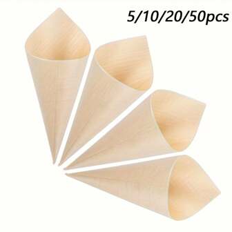5/10/20/50件5.2英寸一次性松木甜品蛋筒，水果沙容器，甜品冰淇淋蛋筒，酒店餐厅小吃角筒，饼干包装盒派对甜品蛋筒