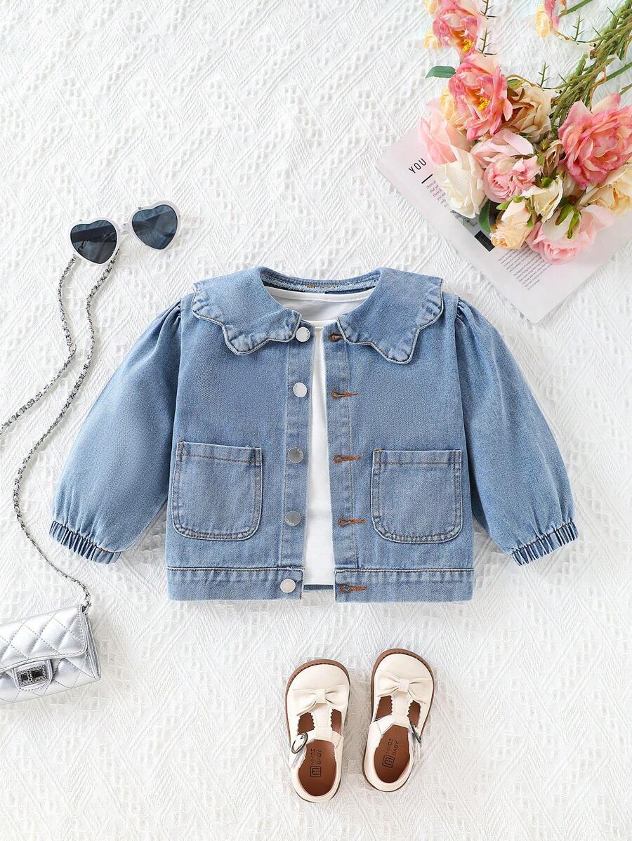 Girls' Fashionable Ruffle Collar Denim Jacket With Long Sleeves, Dual Pockets & Buttons, Suitable For Outdoor & Daily Wear, Spring/Autumn