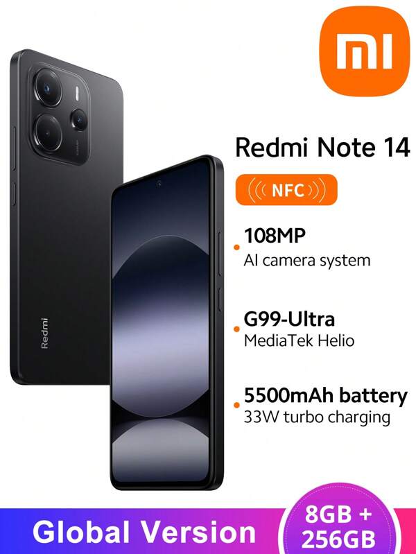 Xiaomi Redmi Note 14 NFC Smartphone 8GB+256GB Global Version Helio G99-Ultra Processor 6.67" 120Hz AMOLED Display 108MP AI Camera 33W Turbo Charging 5500mAh Battery IP54 Water And Dust Resistant Charger Included