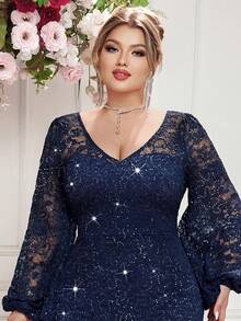 Plus Size Elegant V Neck Sequin Floral Lace Lantern Sleeve Contrast Mesh Mermaid Hem Formal Party Long Dress, Wedding Guest Dress, For Birthday - Navy Blue - View 8