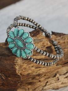 1 pulseira de contas de design aberto estilo boêmio com incrustações de turquesa, pulseira vintage feminina de contas