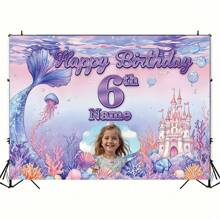 1 Stück personalisiertes Portrait, Name, Alters-Geburtstags-Party Banner, Polyester, Meerjungfrau Thema Unterwasser Schloss & Korallenriff Fotohintergrund, personalisiertes Alles Gute zum Geburtstag Banner, geeignet für Kuchentisch, Zuhause, Außenbereich, 3 Größenoptionen, grafischer Muster