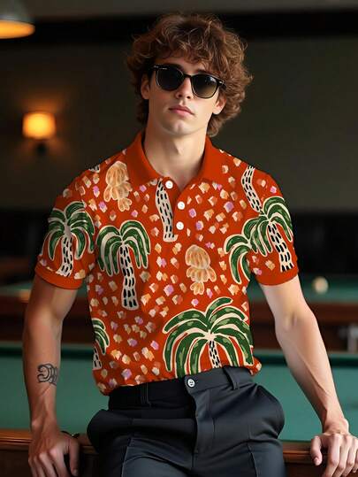 Men 3D Coconut Tree Printed Polo Shirt Spring Summer Fashion Button Down Golf Shirts Vintage Short Sleeve Tops Daily Style Casual Vacation Aloha Polo Fashionable Street Wear