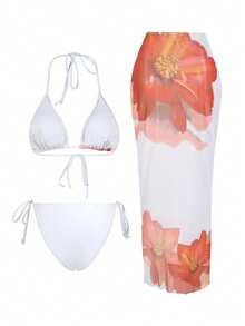 3 Stücke Set mit Sommer-Blumen Muster-Camisole, Spaghettiträger-Bikini-Bademode-Set und Rock für Damen