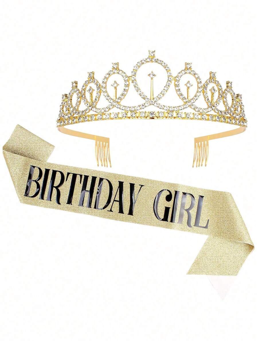 2 件套闪亮水钻水晶皇冠头饰生日装饰生日缎带派对用品