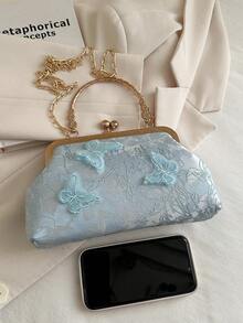 1pc Blue Color Nylon Butterfly Decor Solid Color Evening Clutch Handbag For Women - Blue - View 3