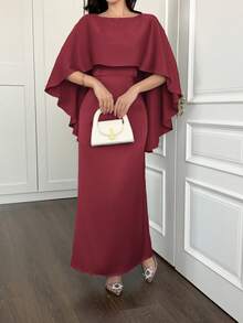 新年除夕斗篷式披肩优雅连衣裙 - 酒紅色 - 查看 5