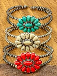 1 pulseira de contas de design aberto estilo boêmio com incrustações de turquesa, pulseira vintage feminina de contas